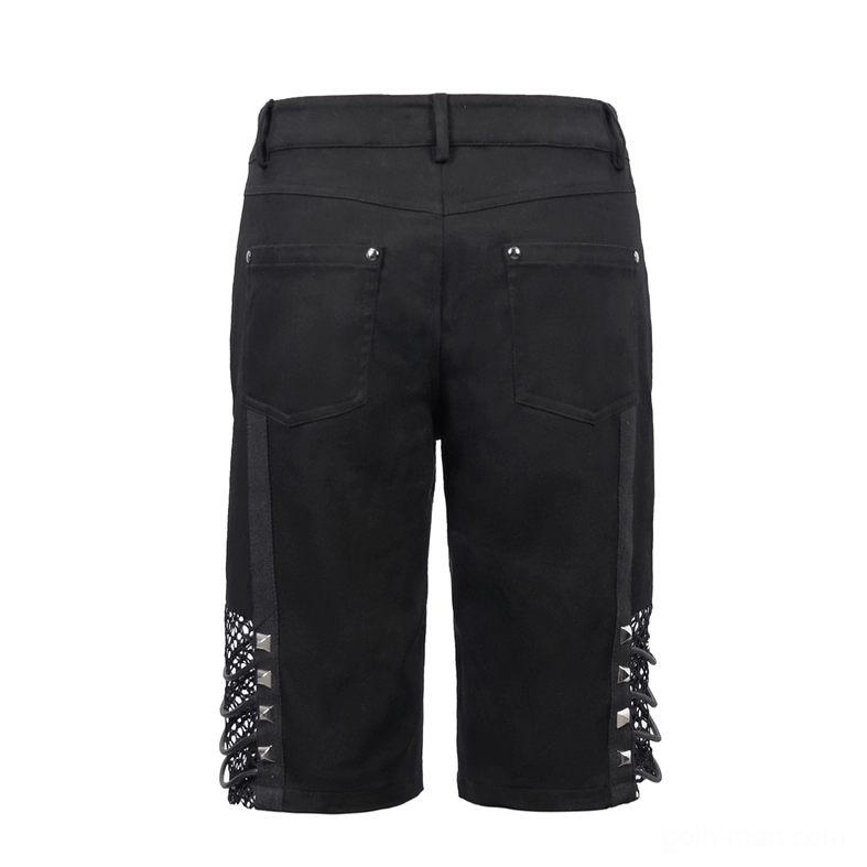 Gothic rivet shorts rear flat lay with back pockets and side fishnet mesh panels