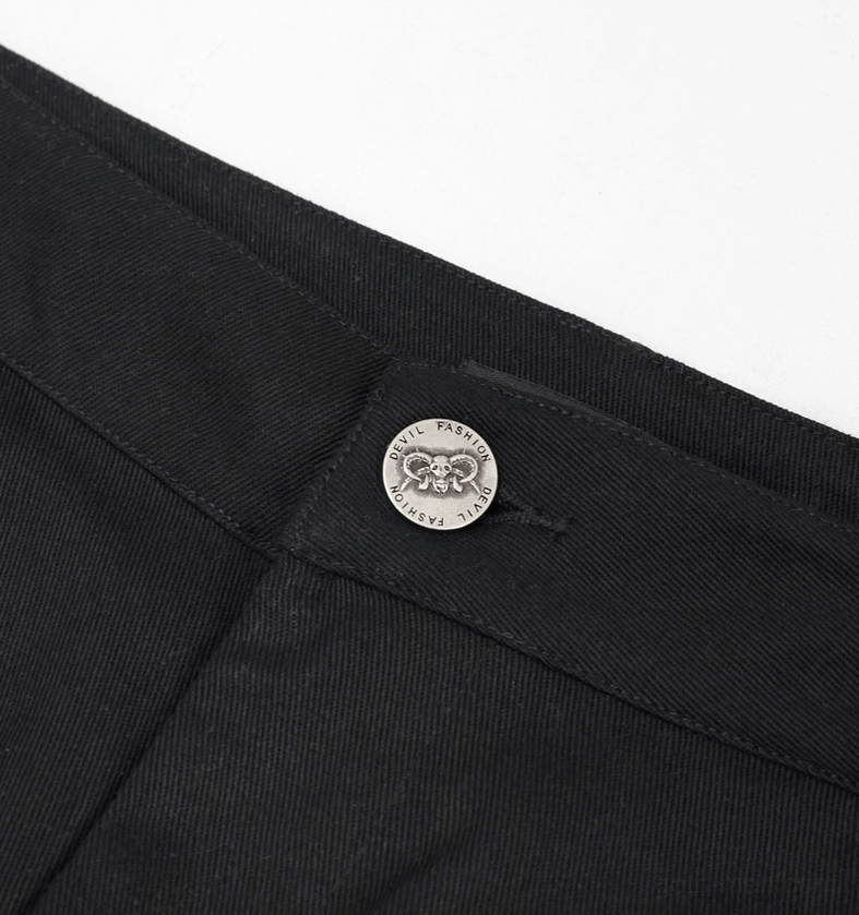 Black gothic punk shorts constructed details showing rivet placement and mesh integration