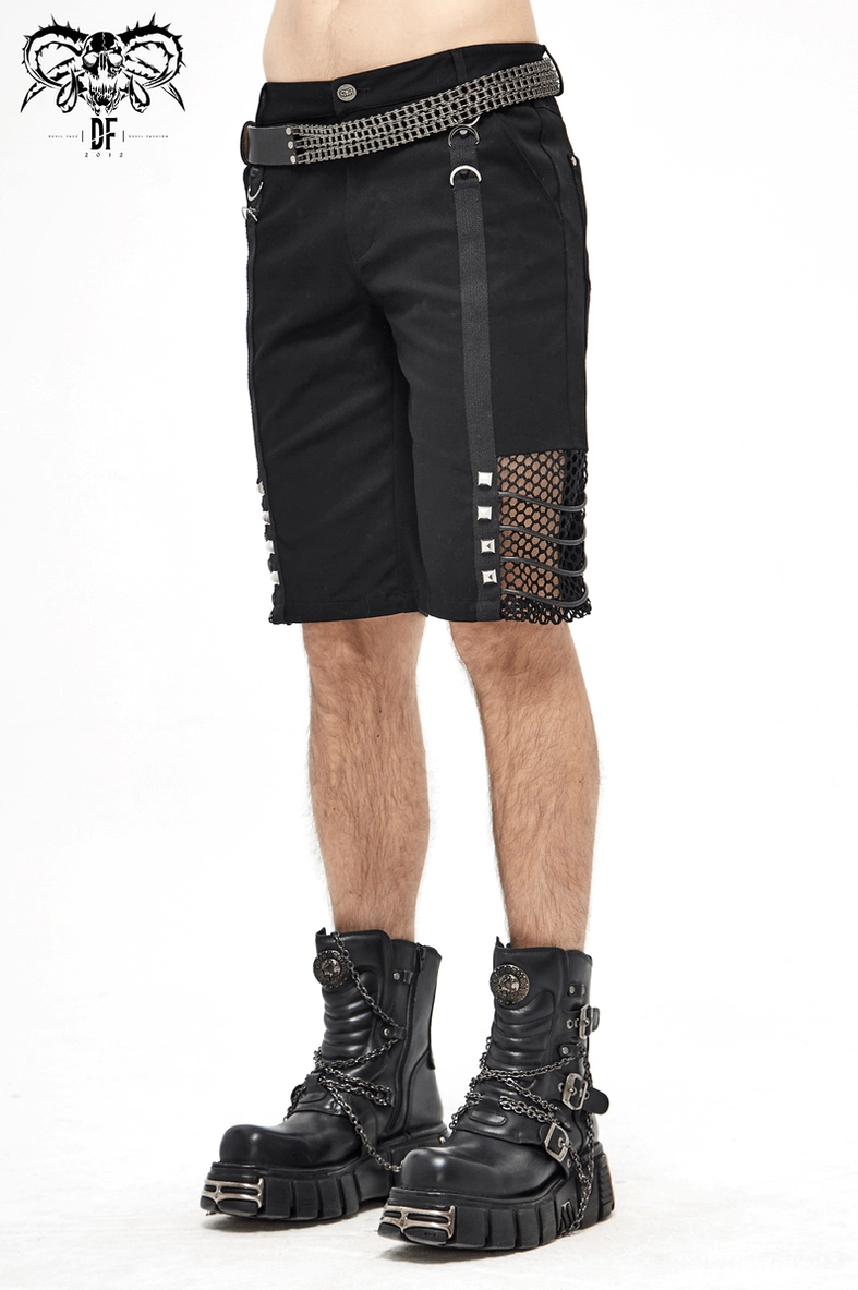 Alternative men's gothic shorts texture and material composition with mesh and rivets