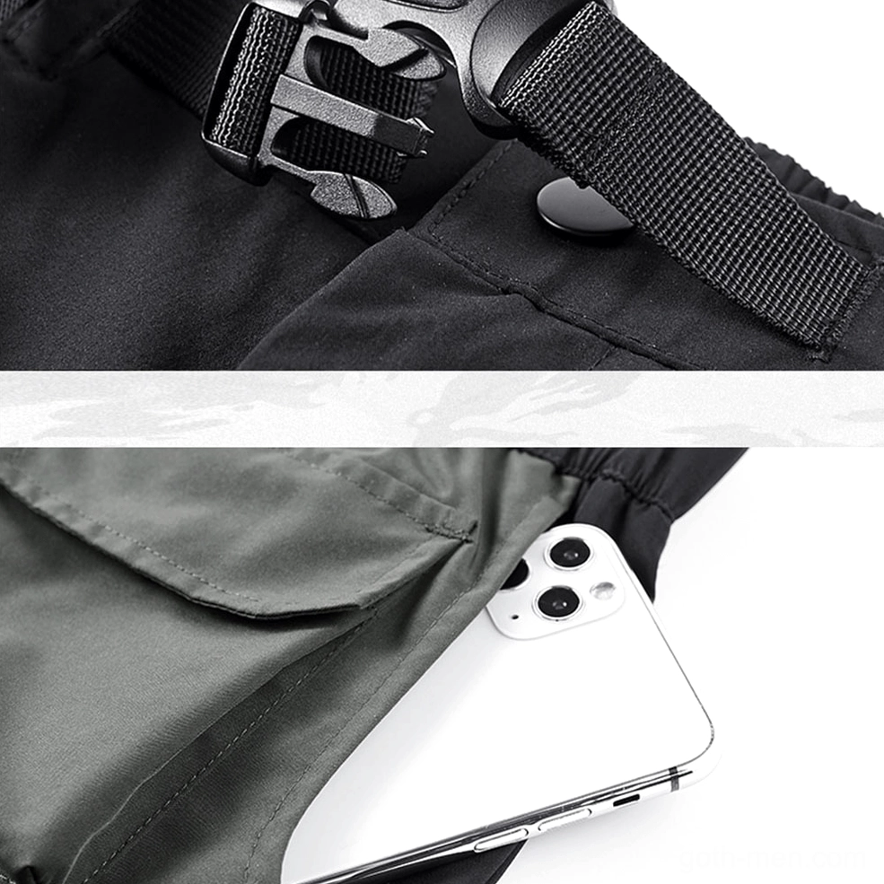 Waist buckle and webbing strap close-up showing quick-release plastic hardware on cargo shorts