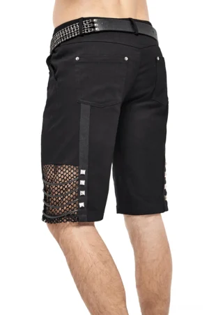 Black punk shorts side rear angle showing mesh inserts and rivet details