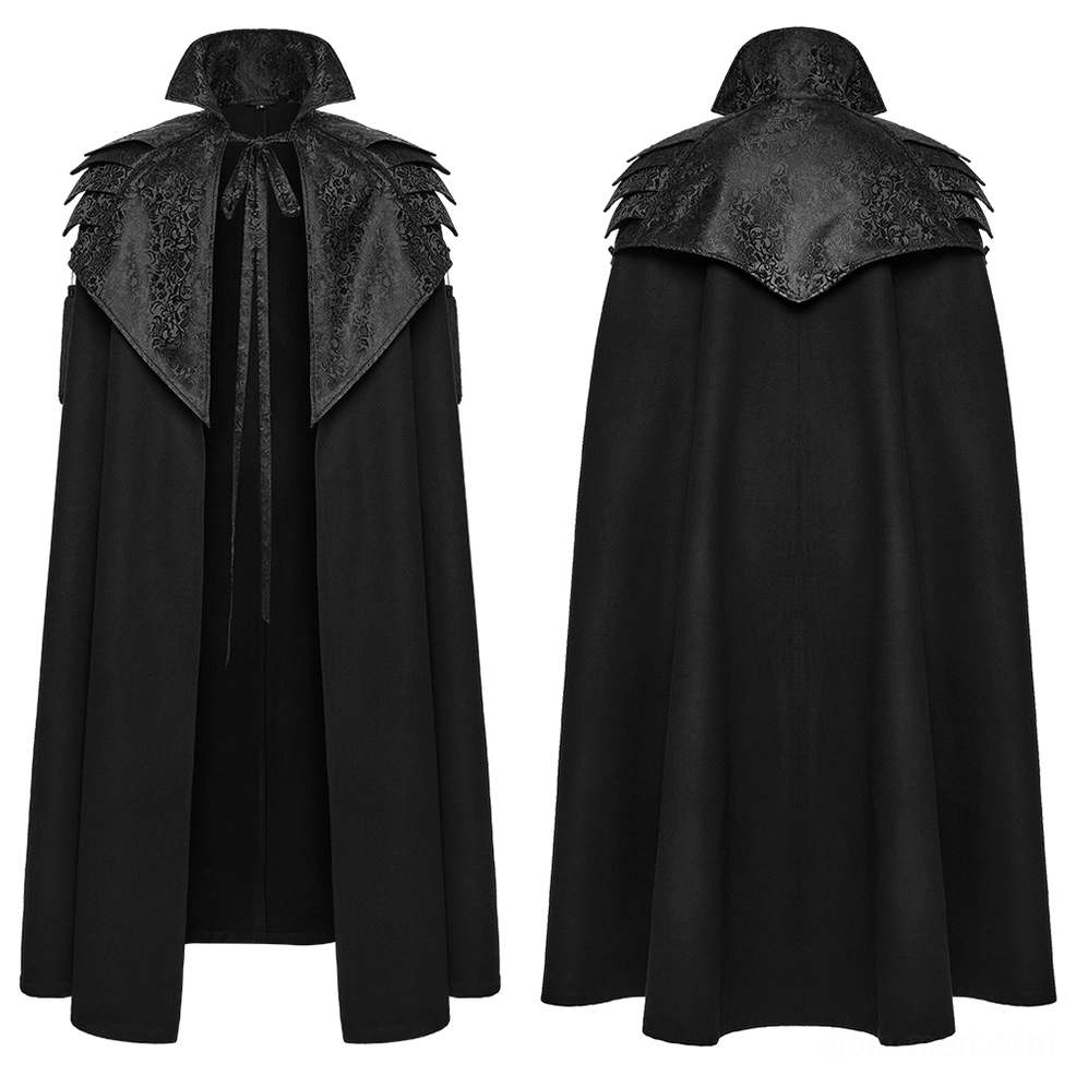Gothic cloak front product view - jacquard patterned shoulder overlay with ribbon tie closure detail