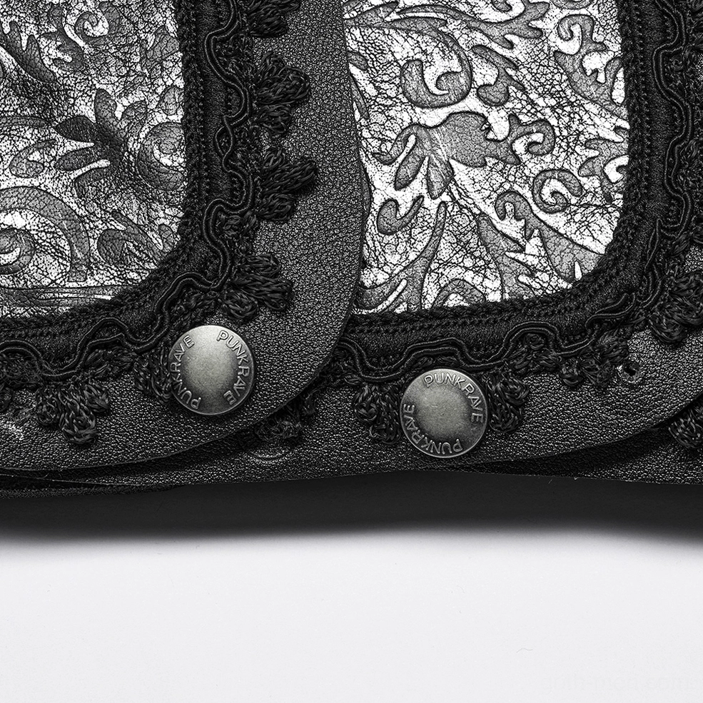 Black embossed leather gothic shoulder guard harness showcasing complete modular construction and adjustable system