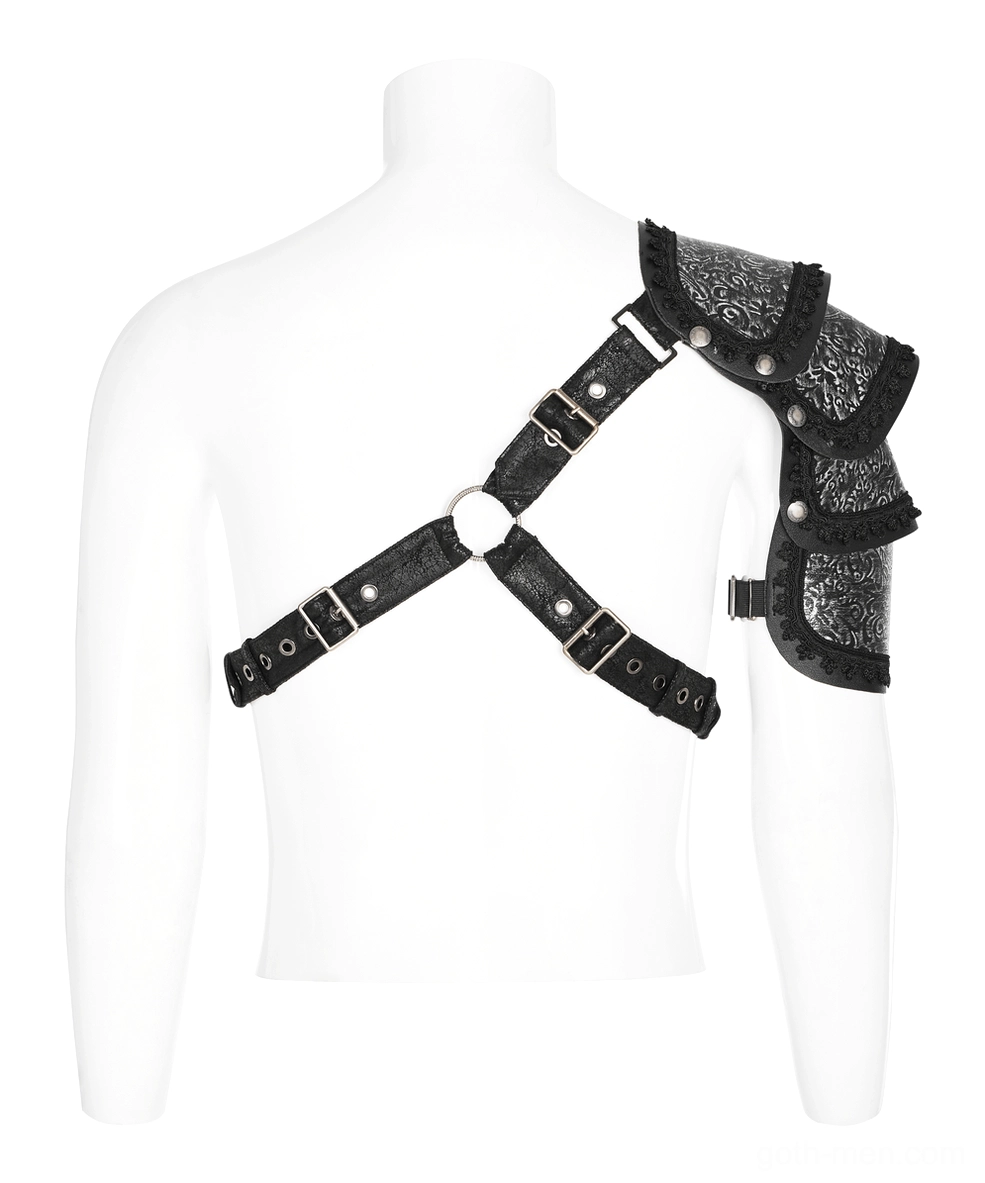 Back view of gothic shoulder armor with crisscross leather straps and metal buckle hardware