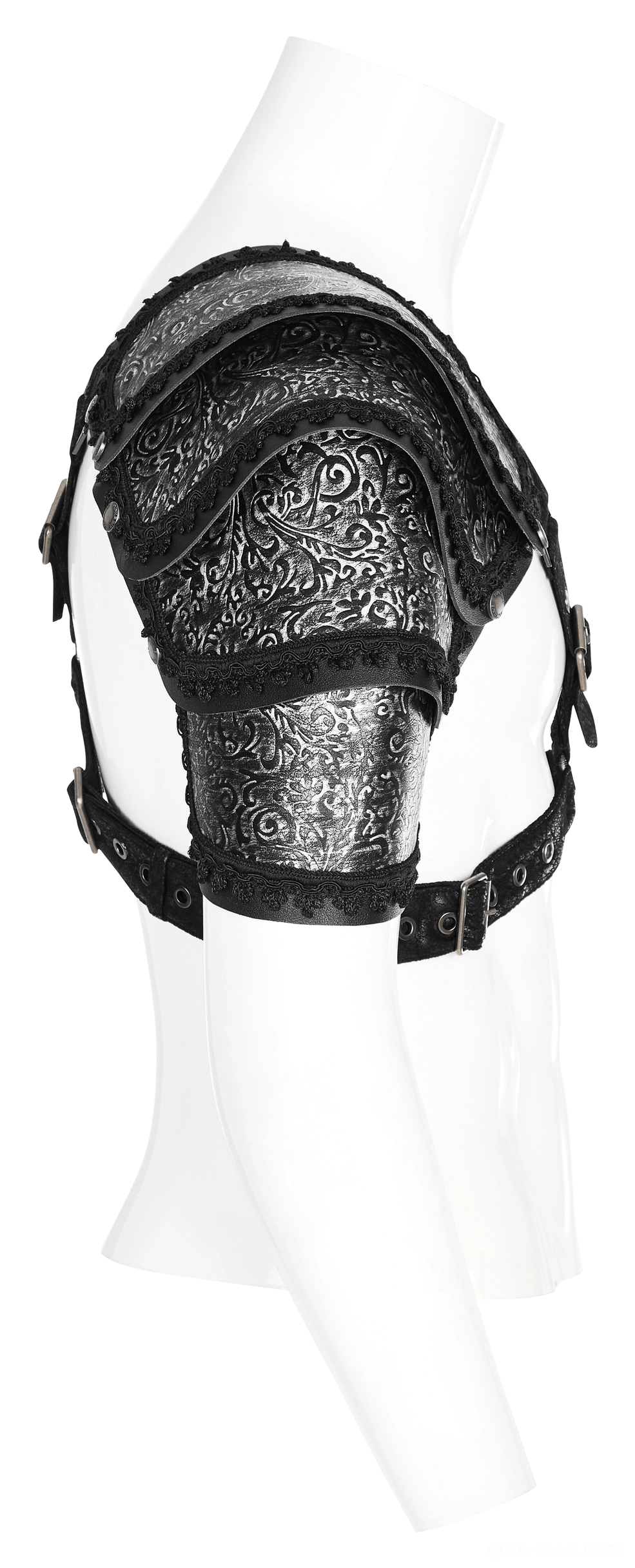 Side profile of gothic shoulder armor showing embossed scroll pattern detail on armor pad