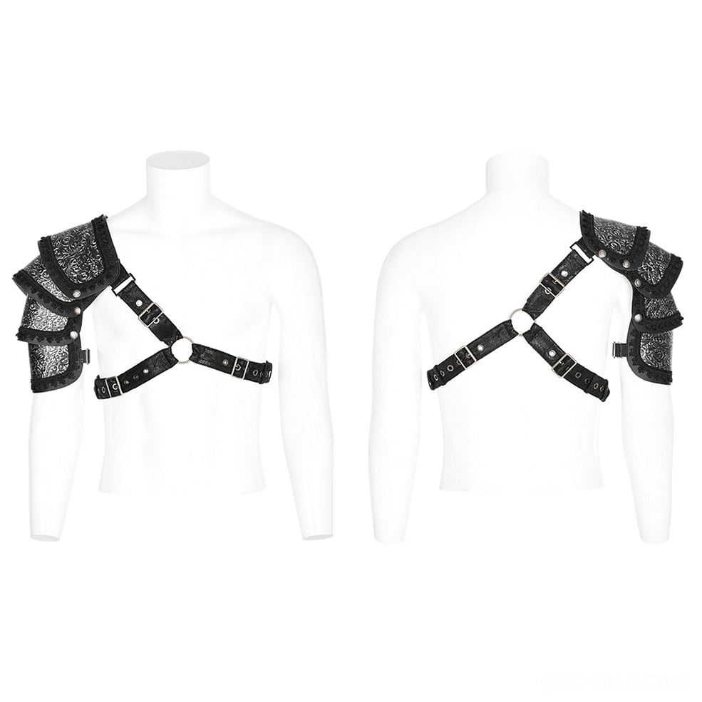 Black gothic shoulder armor displayed on male mannequin showing front and back crisscross strap structure