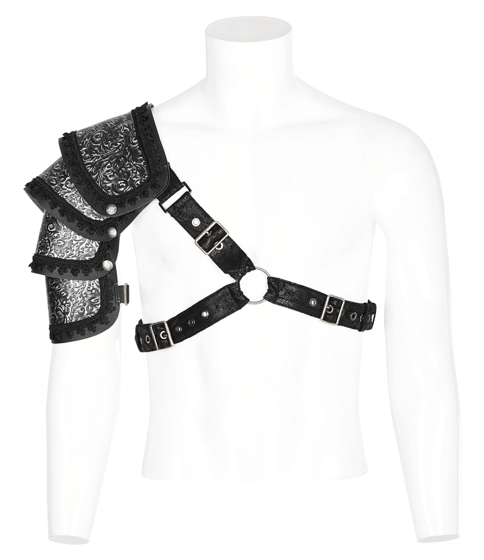 Front view of gothic shoulder armor harness on mannequin featuring perforated adjustable leather straps