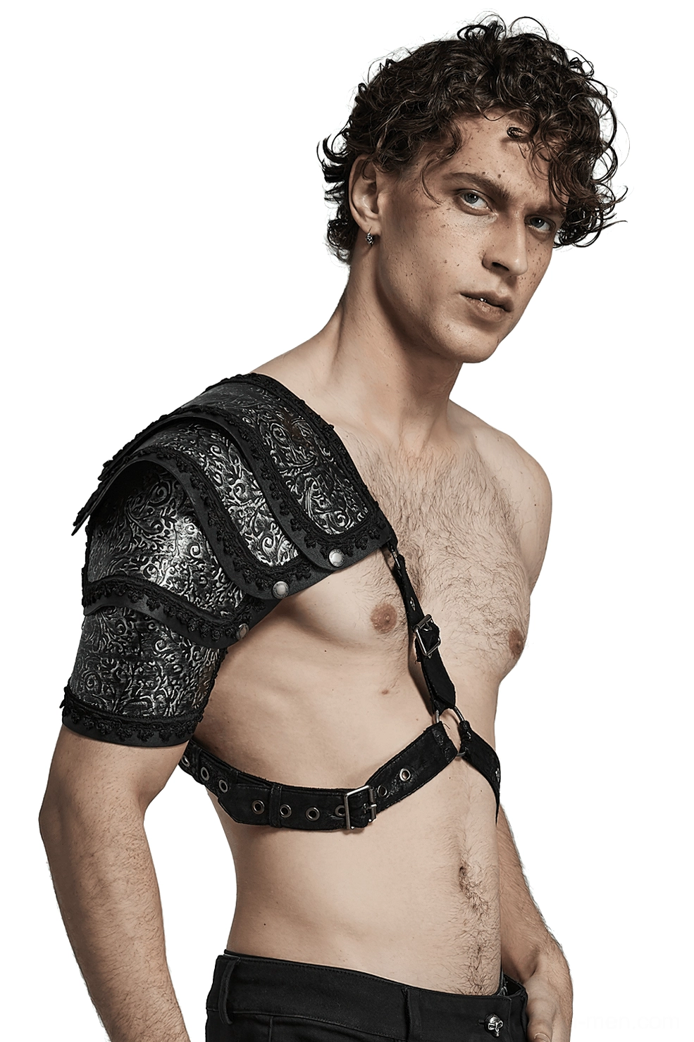 Left profile view of black embossed gothic shoulder harness with adjustable cross chest straps and o-ring hardware