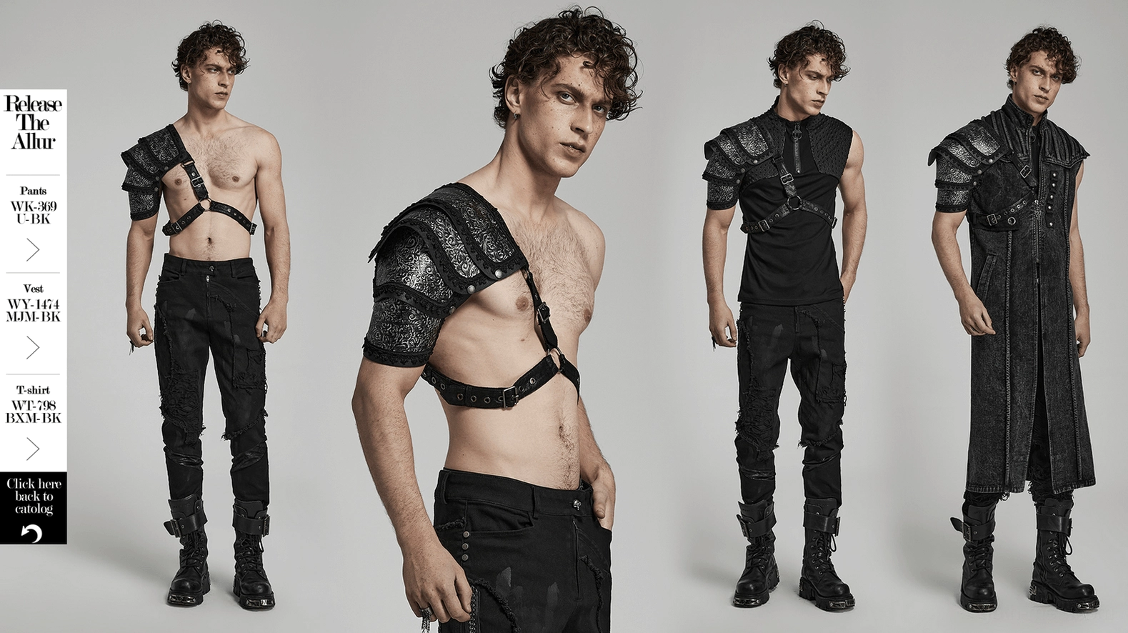 Male model wearing black embossed leather gothic shoulder armor harness in studio setting, alternative fashion styling