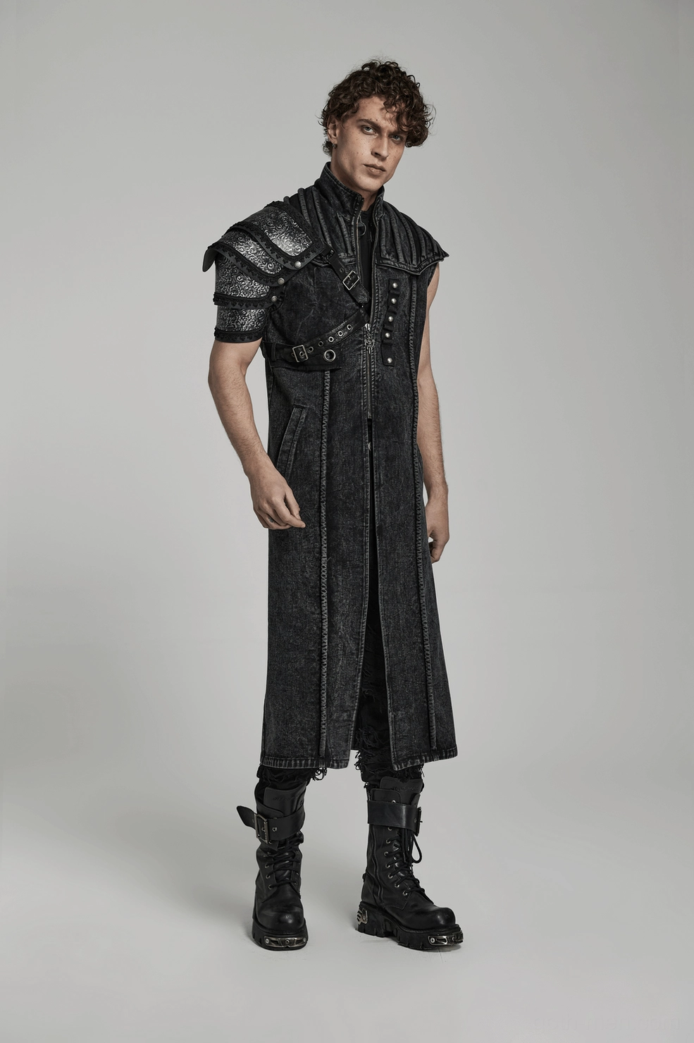 Premium black embossed leather gothic shoulder armor harness featuring vintage scroll pattern and refined craftsmanship