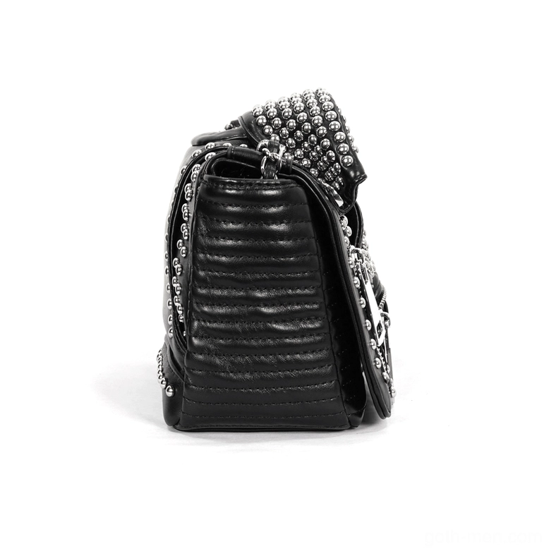 Black quilted leather gothic bag side profile showing three-dimensional structured bag design