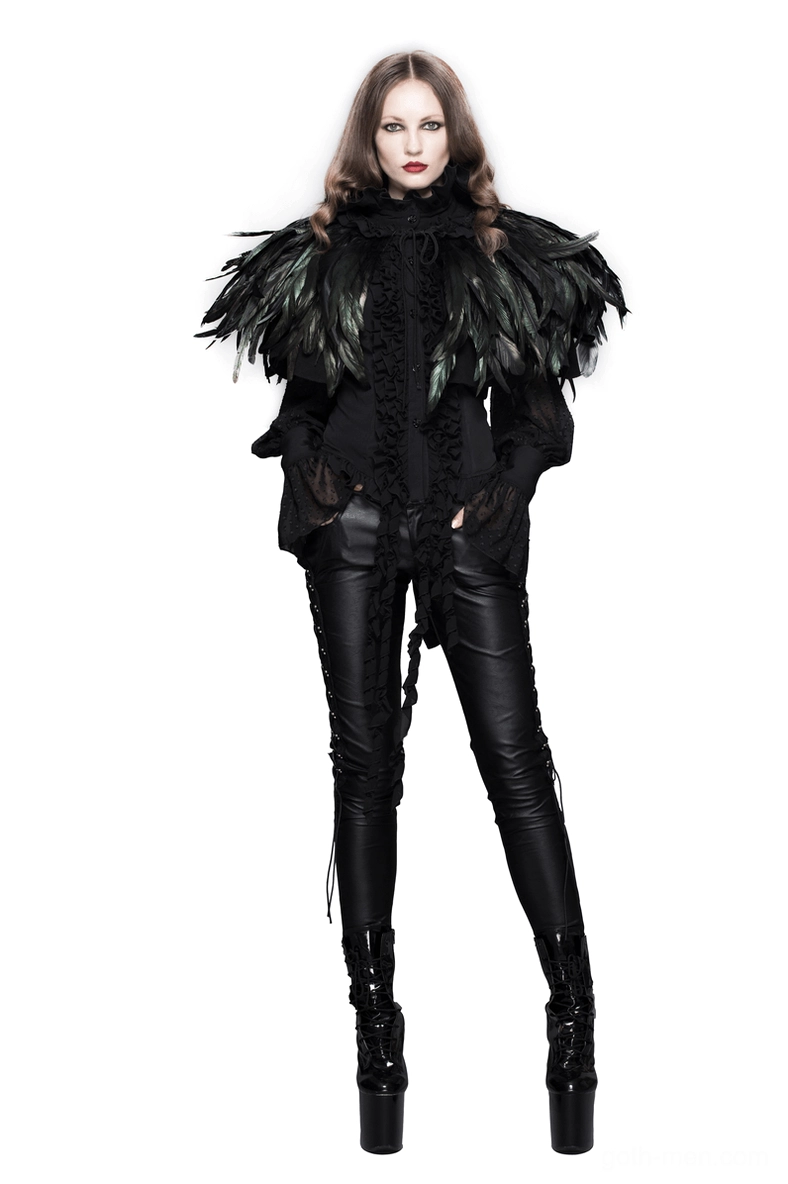 Steampunk gothic shoulder cape ruffled collar detail black iridescent feathers rich texture