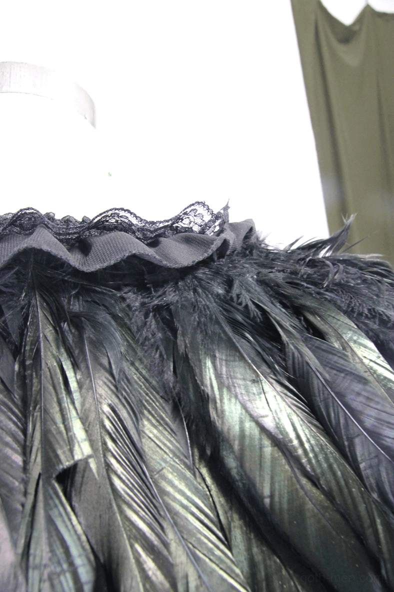 Gothic shoulder cape side close-up view feather texture iridescent black raven plumage detail