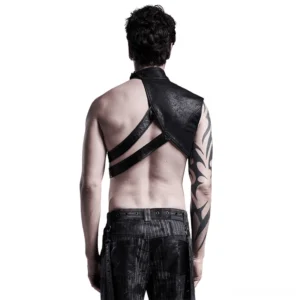 Black cracked PU leather shoulder harness - rear view showing open back crisscross straps and structural design
