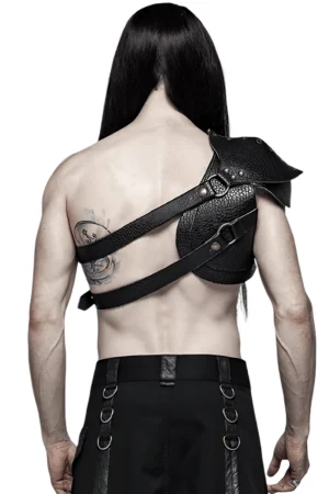 Black PU leather shoulder armor harness back view with adjustable cross straps and D-ring hardware