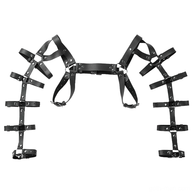Compact gothic shoulder harness symmetrical dual side straps black leather metal fasteners