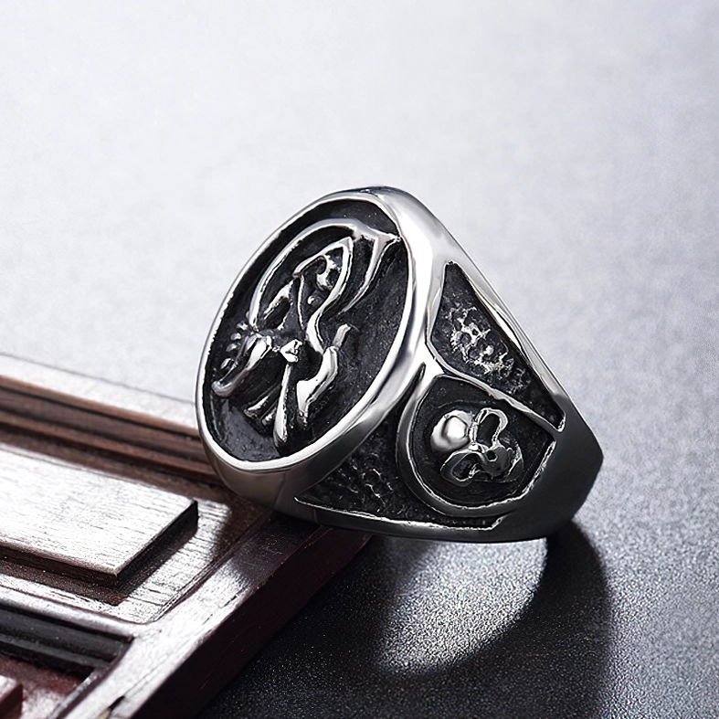 Polished inner band stainless steel gothic reaper ring side profile showing smooth interior construction
