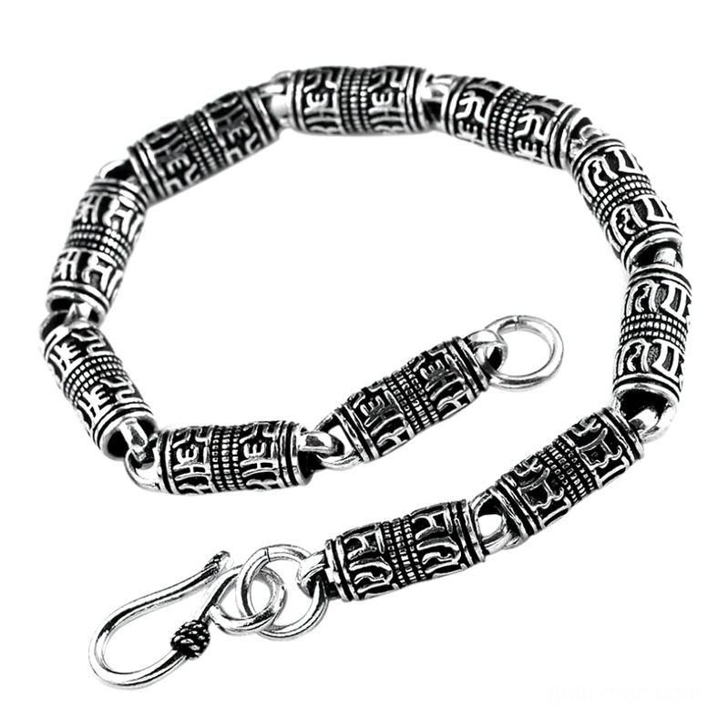 Two silver engraved cylindrical bracelets showing different length options, angled side view on white background with carved tube links