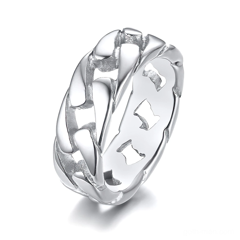 Silver stainless steel gothic vintage chain link ring with hollow design, reflective polished surface