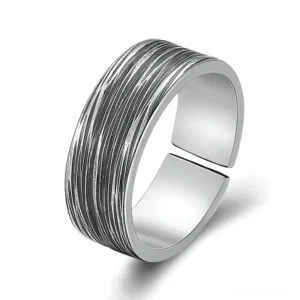 Gothic sterling silver open cuff ring single hammered texture adjustable band close-up