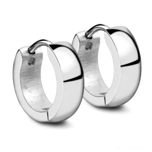 Silver-tone gothic huggie hoop earrings with polished and brushed dual finish stainless steel construction, front overhead view
