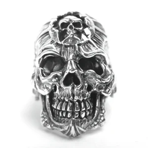 925 sterling silver gothic skull biker ring with intricate carved skull front view on white background