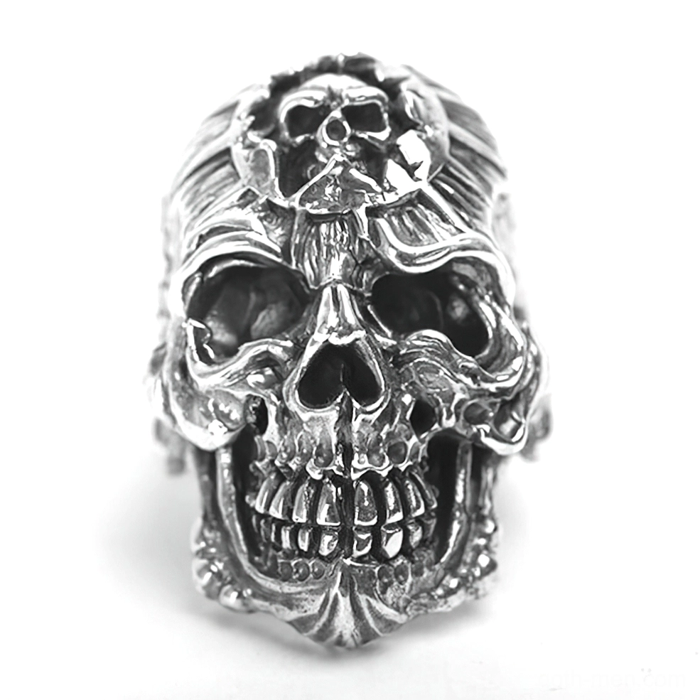 925 sterling silver gothic skull biker ring with intricate carved skull front view on white background