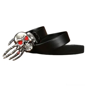 Wine red gothic skeleton claw belt with silver hand buckle - side view showing full length and articulated finger details