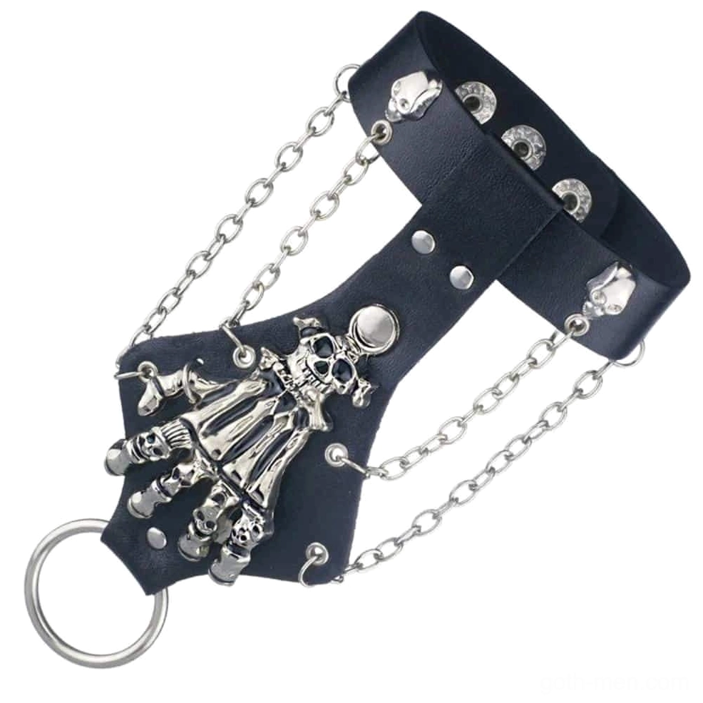 Front view of skeleton hand chain leather bracelet displaying dual metal chains, adjustable finger holes, and intricate silver skeleton detail