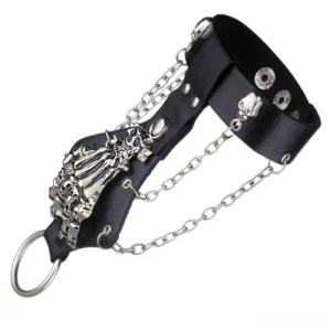 Gothic skeleton hand chain leather wristband bracelet with metal ornament and adjustable strap, left oblique view showing black leather construction