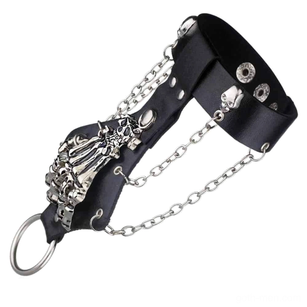 Gothic skeleton hand chain leather wristband bracelet with metal ornament and adjustable strap, left oblique view showing black leather construction