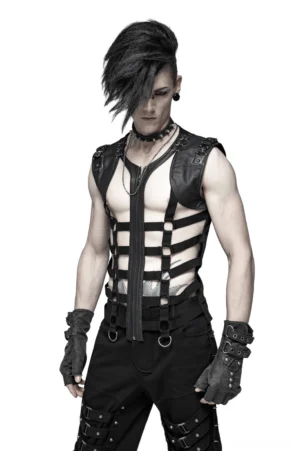 Black skeleton lace-up gothic vest front three-quarter view with metal shoulder hardware and lattice cutout detail on male model
