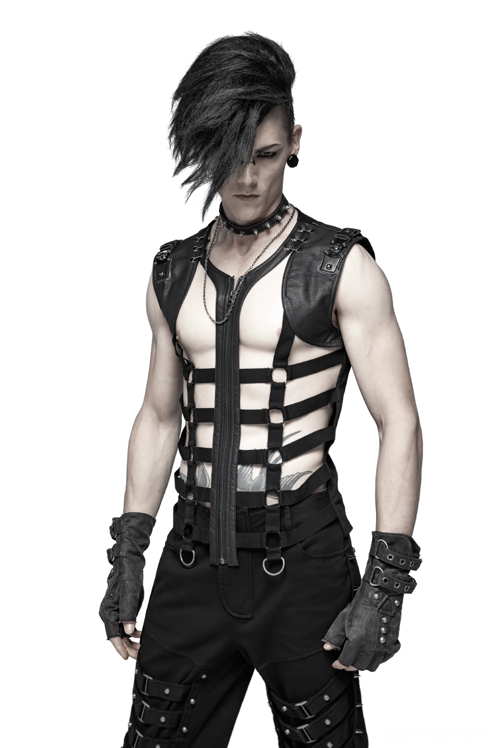 Black skeleton lace-up gothic vest front three-quarter view with metal shoulder hardware and lattice cutout detail on male model