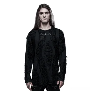 Men's black skeleton ripped gothic long sleeve sweatshirt with metal skull hardware - front view on model