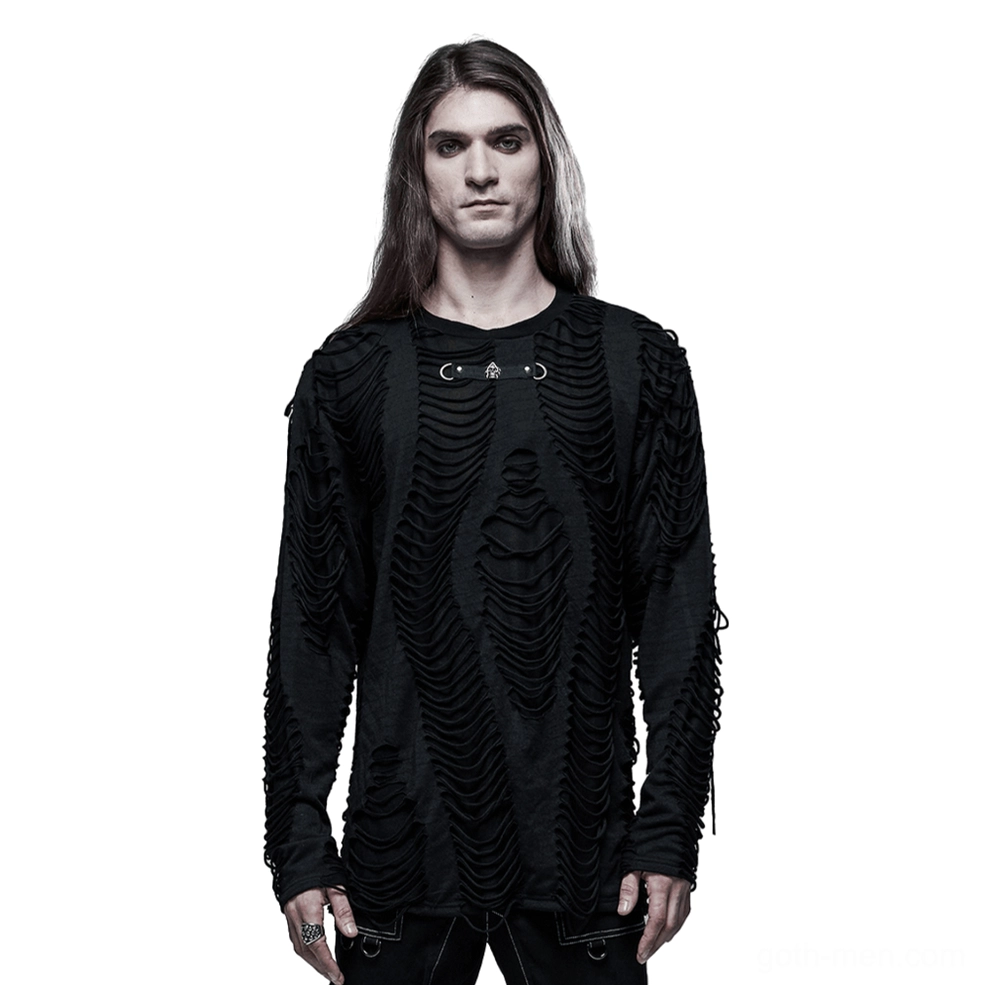 Men's black skeleton ripped gothic long sleeve sweatshirt with metal skull hardware - front view on model