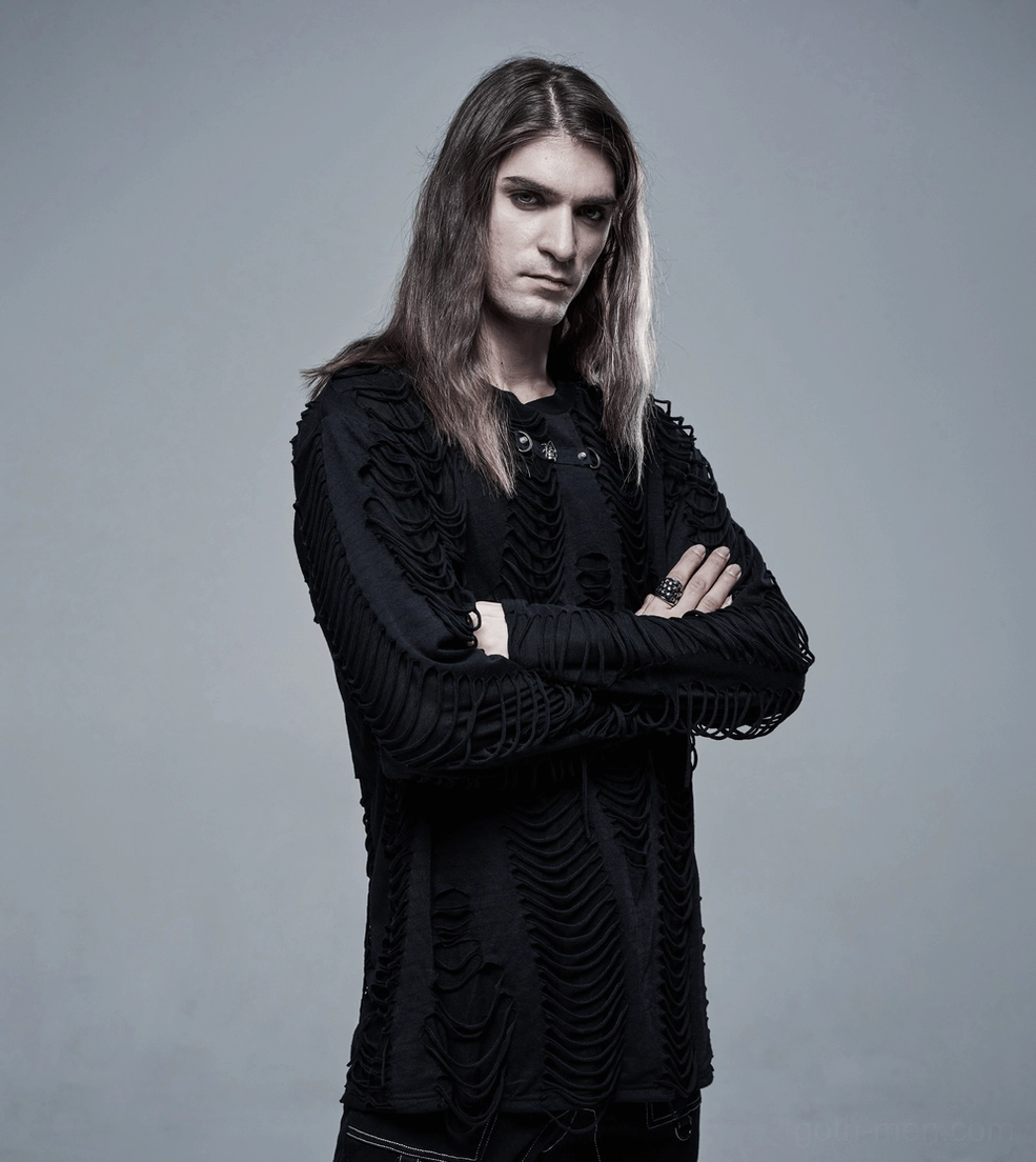 Full body model shot of black skeleton ripped gothic sweatshirt showing relaxed oversized fit