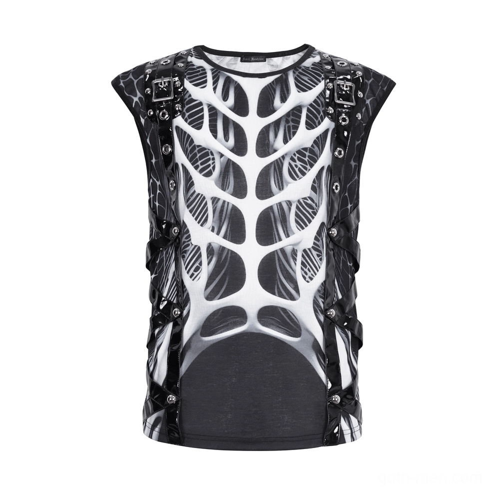 Flat lay of black skeleton gothic tank top showing metal buckles and rivet details