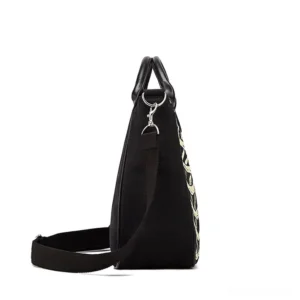 Gothic skeleton tote bag side rear angle showing detachable canvas shoulder strap and structured shape