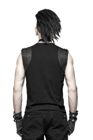 Black skeleton gothic vest back view showing solid panel and slim-fit silhouette on male model