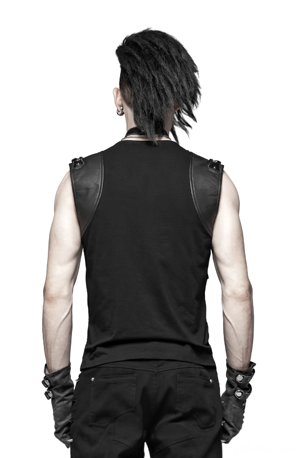 Black skeleton gothic vest back view showing solid panel and slim-fit silhouette on male model