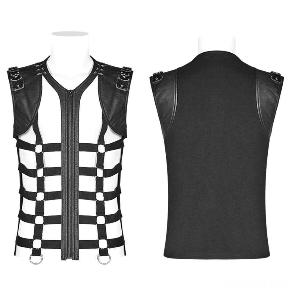 Black skeleton gothic vest front and back dual mannequin views showing zipper closure and lattice harness design
