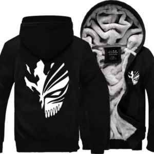Black gothic skeleton zip hoodie with anime mask print, flat lay back view showing full zipper closure and thick fleece lining