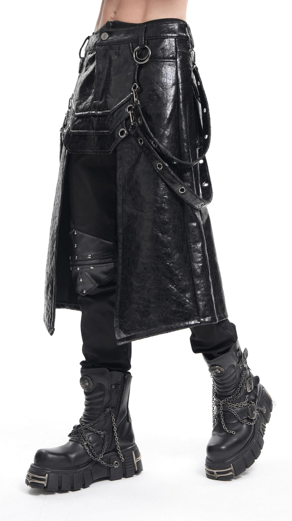 Angled view showcasing the cracked leather finish and adjustable strap system of gothic utility skirt