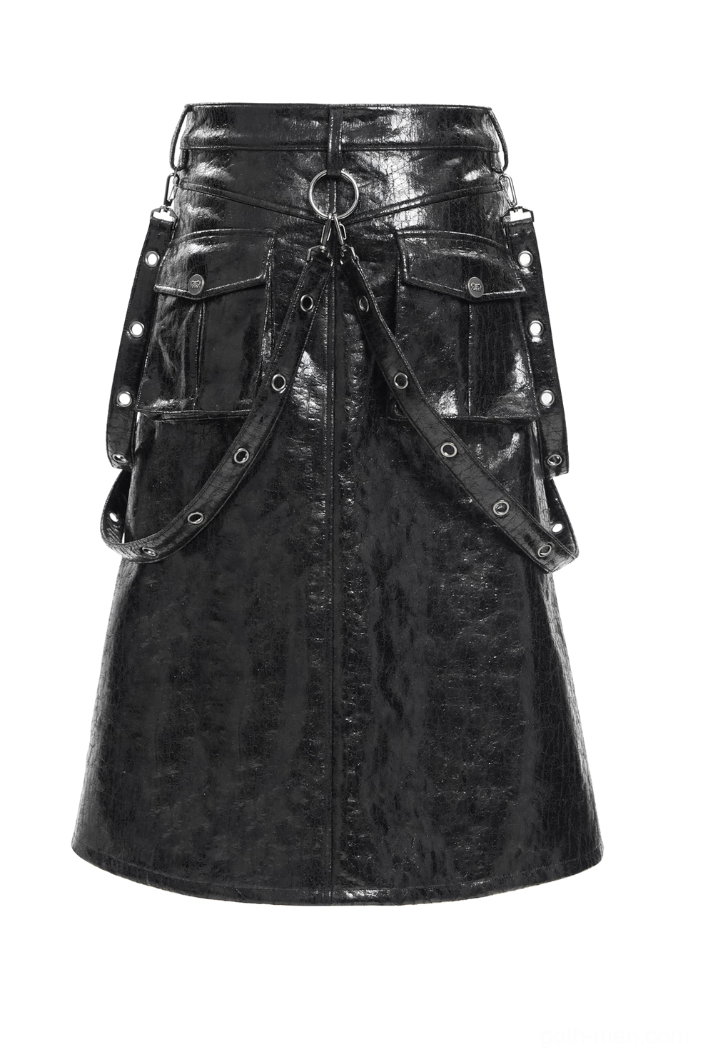 Back view of black faux leather gothic skirt displaying back O-ring accent and utility pocket construction