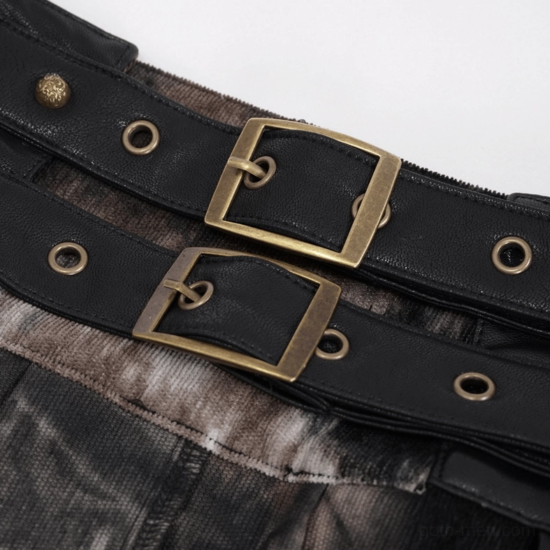Waist belt close-up of gothic men's half skirt - black faux leather with square bronze buckles and metal eyelets