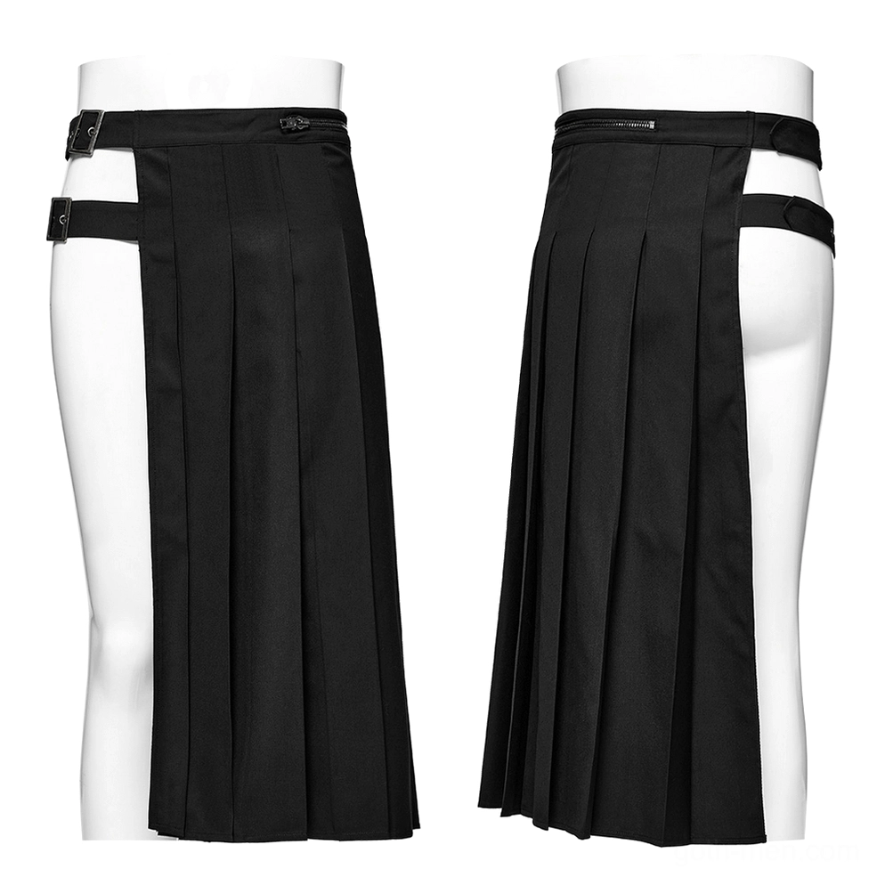Black gothic asymmetrical pleated skirt on dress form displays showing side profile and back buckle strap details
