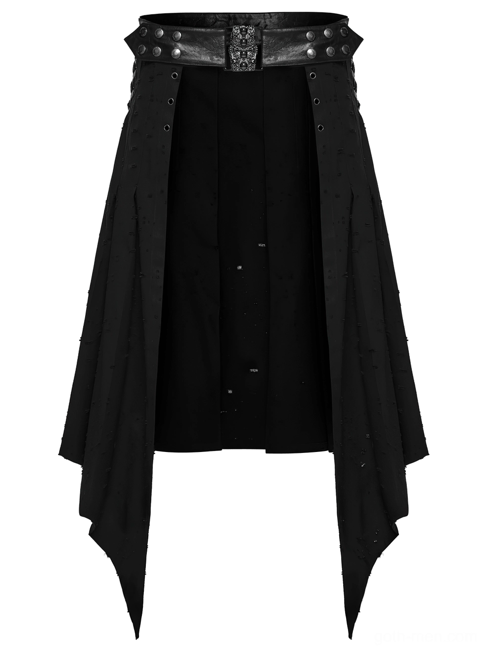 Gothic punk skirt front flat lay view with draped side panels and open front design