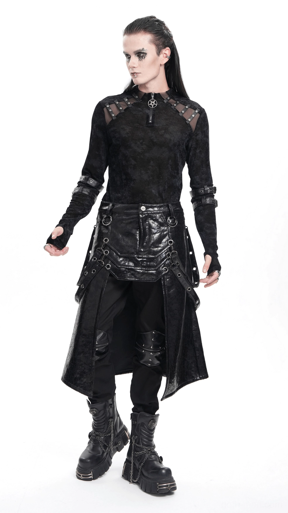 Product photography detail of black gothic skirt asymmetrical front slit and O-ring accent placement