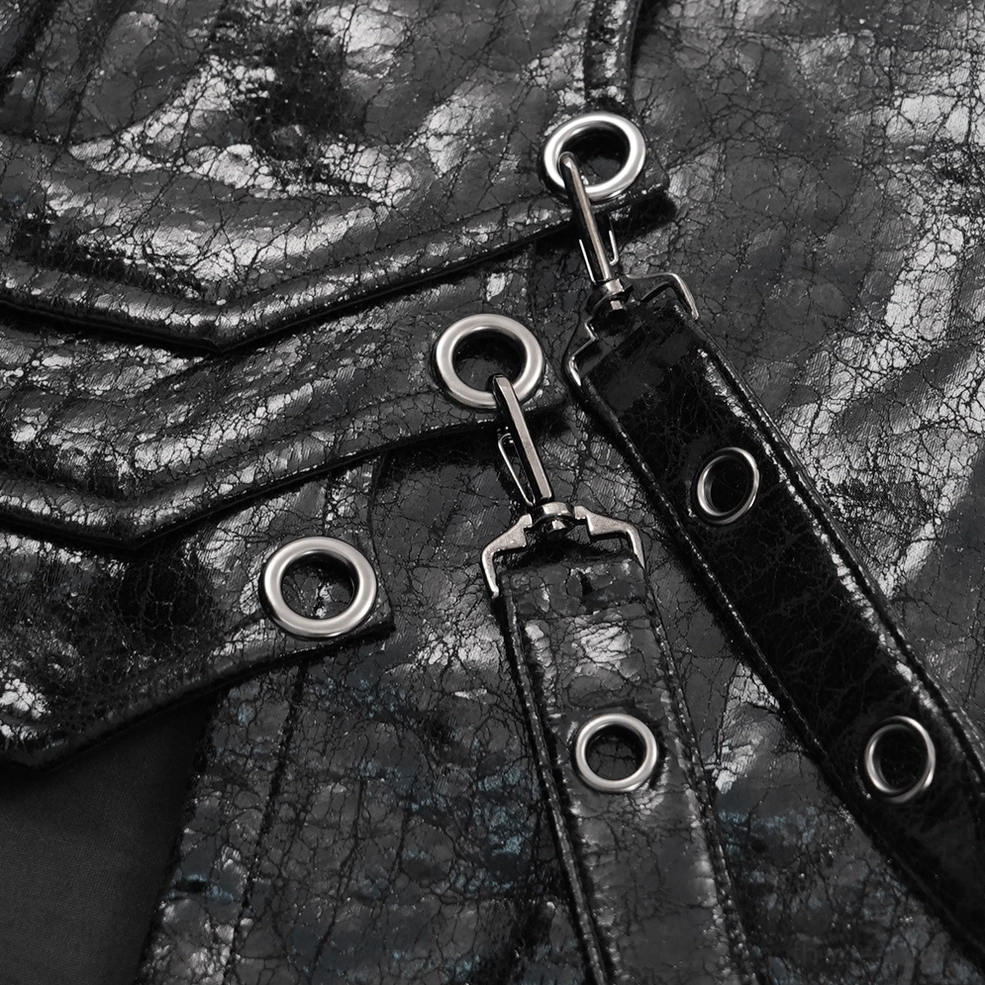 Front-facing product shot of black faux leather gothic skirt displaying strap buckle configuration