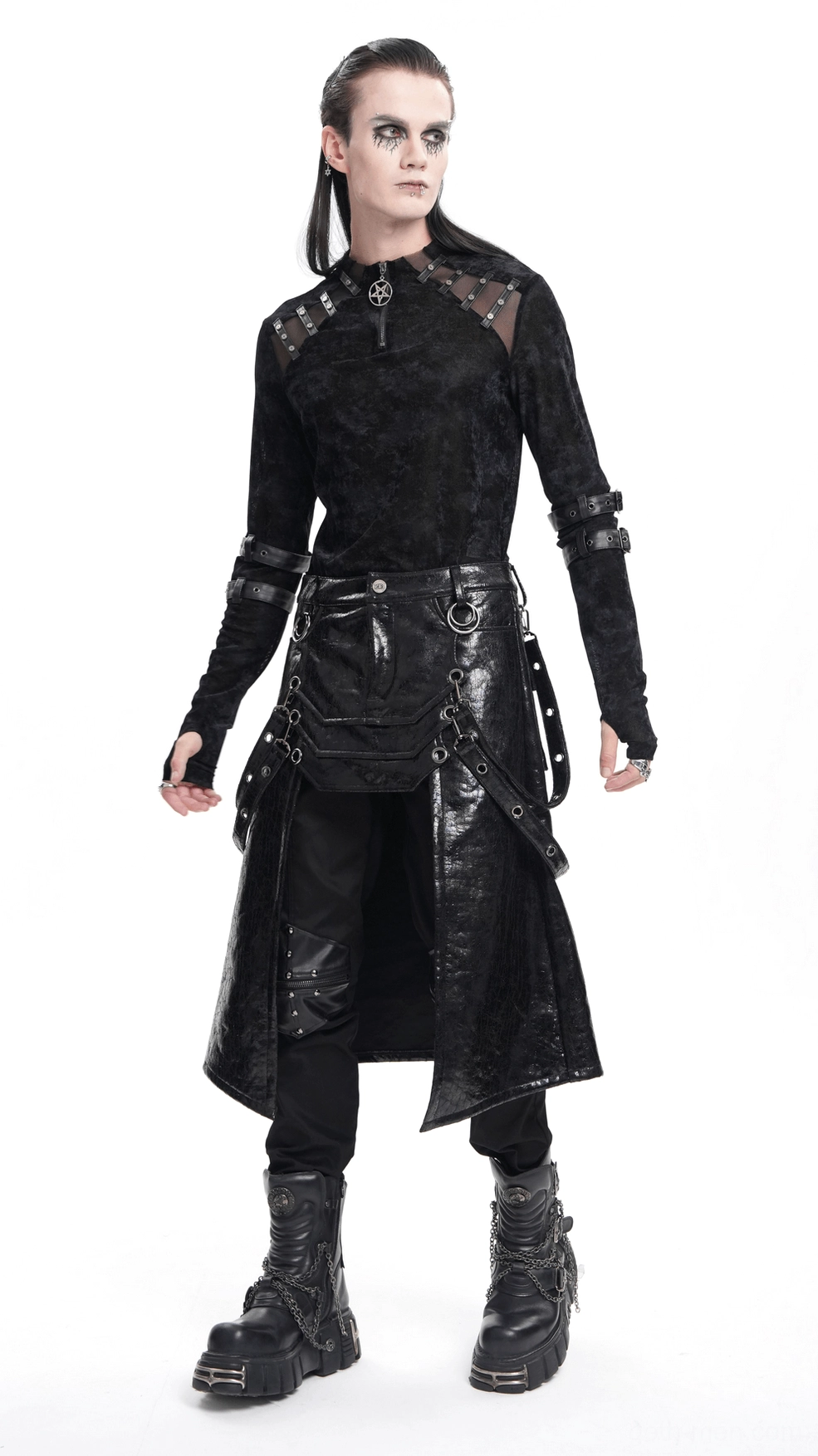 Full-length view of black faux leather gothic utility skirt in studio lighting with measurement reference